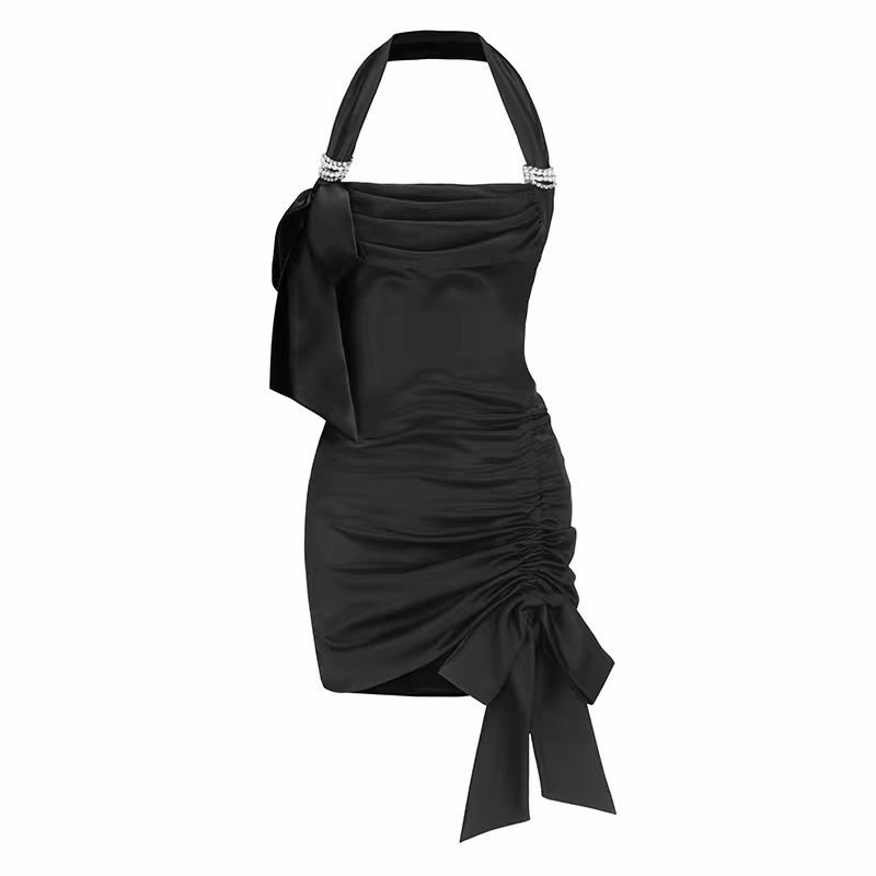 Nana Jacqueline Black Satin Side-Ruched Halter Mini Dress